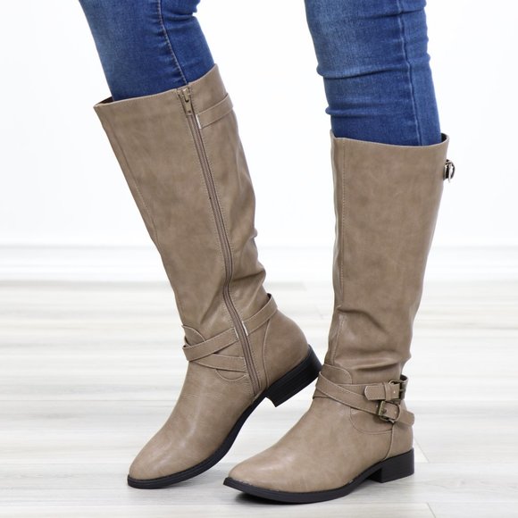 Taupe Rider Chick Mid Calf Boots With Buckles - Picture 11 of 11